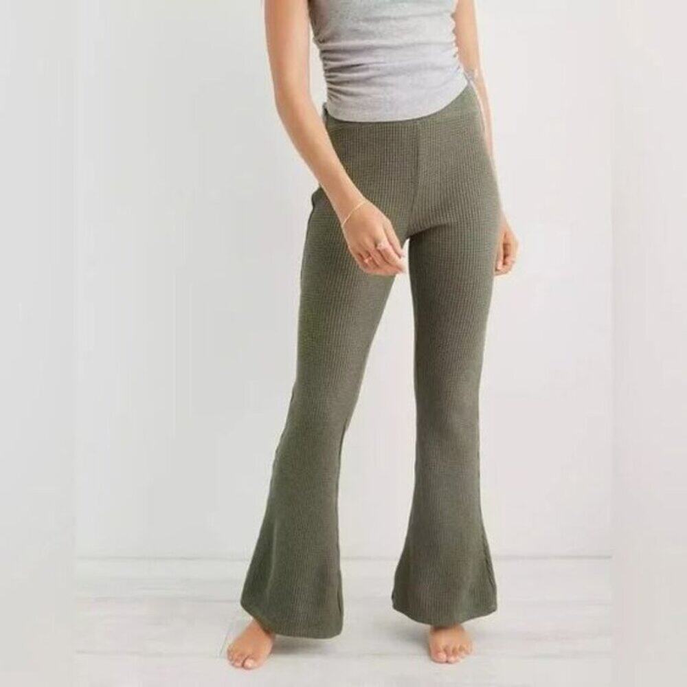Aerie Women's Waffle High Waisted Flare Pant Lounge Leggings Olive Fun Green